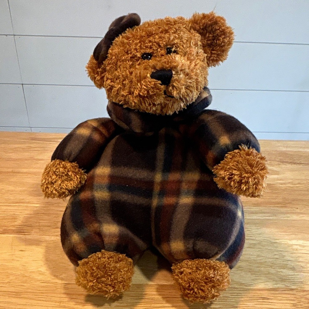 Brown 10in Plush Teddy Bear Stuffed Animal w/ Plaid Outfit & Bow, Black Eyes